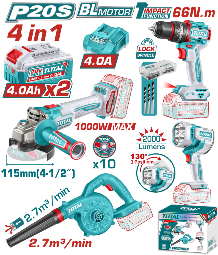 طقم أدوات شحن 4 قطع 20 فولت – صاروخ، درل، بلور و كشاف من توتال (TOSLI250993)