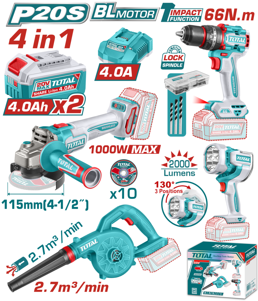 طقم أدوات شحن 4 قطع 20 فولت – صاروخ، درل، بلور و كشاف من توتال (TOSLI250993)