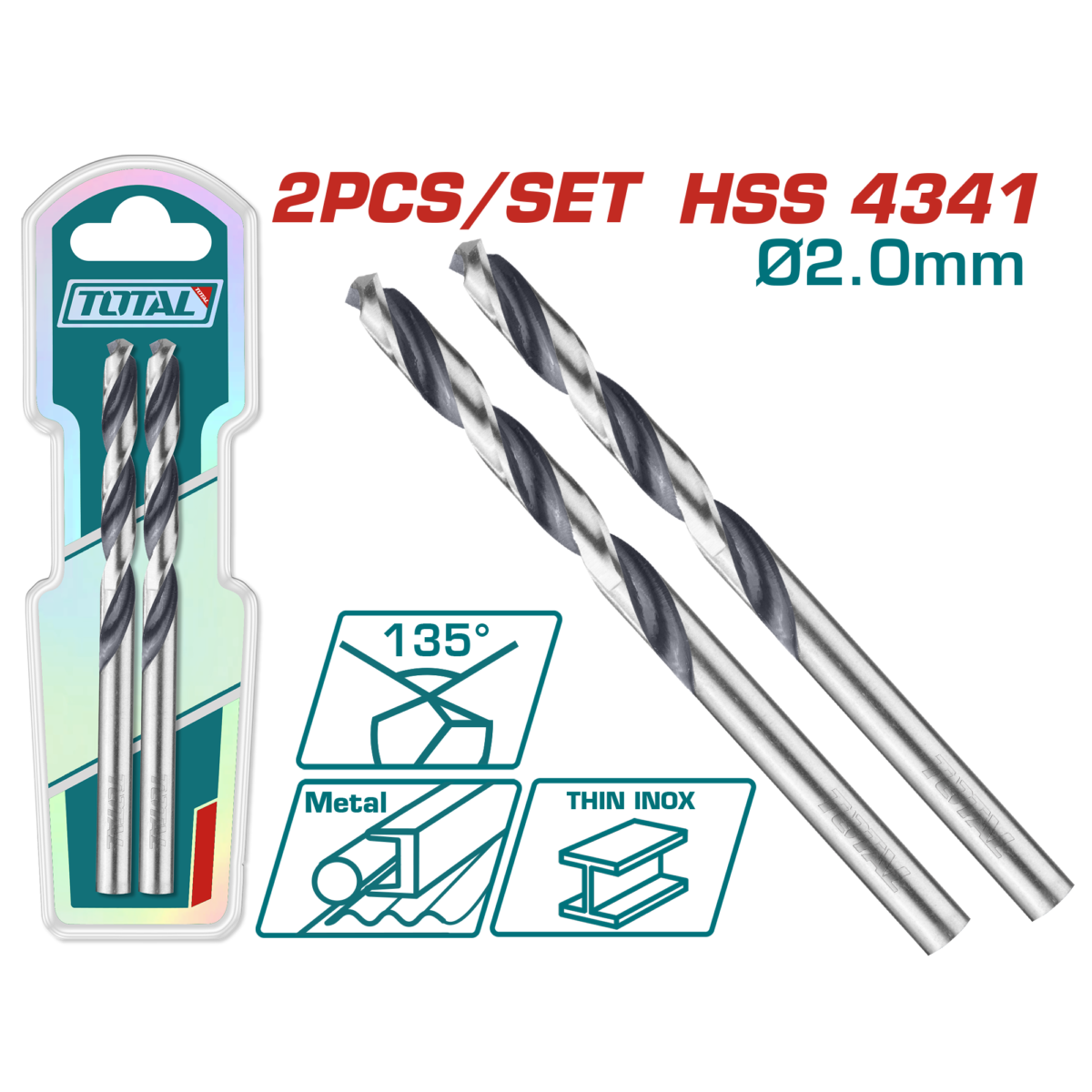 TOTAL HSS 4341 Drill Bit 2mm – 135° Point, 2 Pcs Set (TAC1200024)