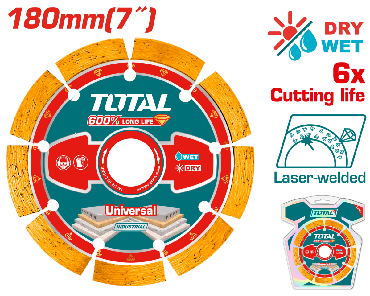 TOTAL Laser Welded Diamond Cutting Disc 180mm | 7″ – Stone & Concrete Cutting Blade (TAC2171801)