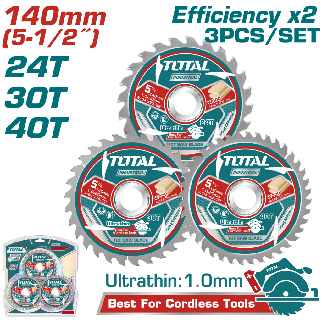 طقم دسكات قص خشب 3 قطع TCT فائق النحافة 140 ملم | 5.5 إنش من توتال (TAC236140)