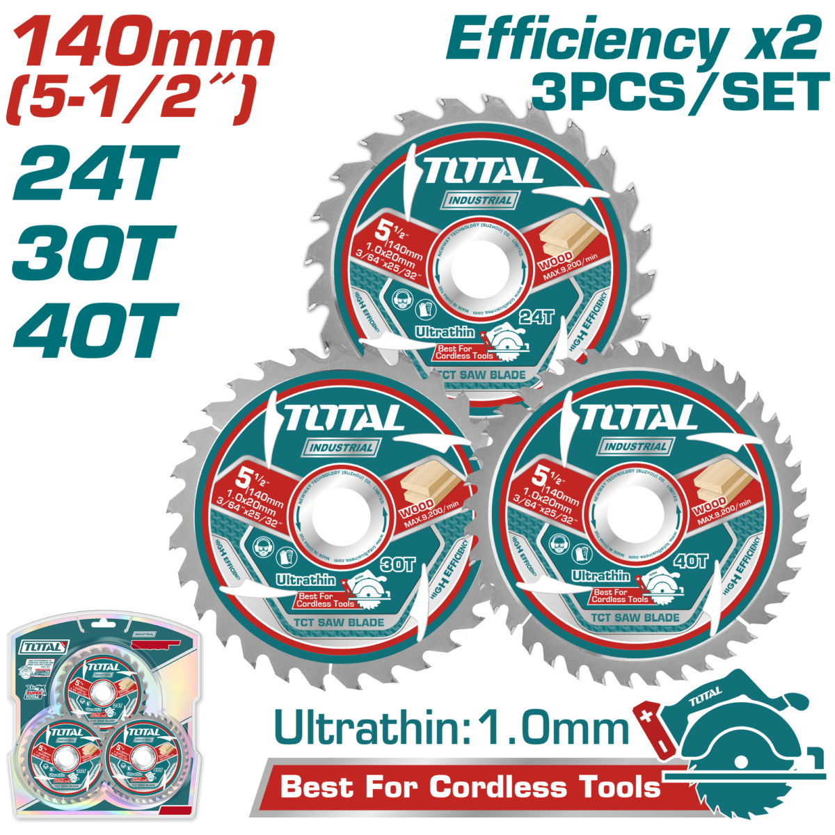 TOTAL Ultra-Thin TCT Saw Blade Set 140mm | 5.5″ – 3 Pcs Wood Cutting Blades (TAC236140)