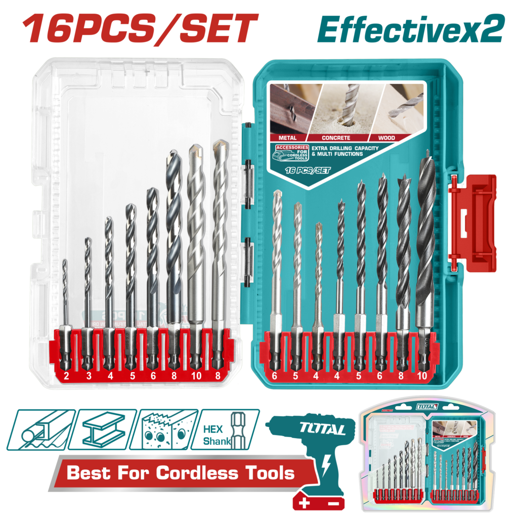طقم ريش حفر 16 قطعة للحديد والباطون والخشب – سداسي من توتال (TACSDL11608)
