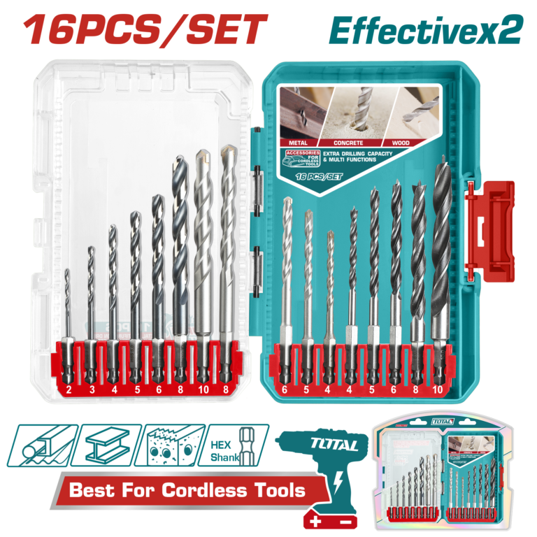 طقم ريش حفر 16 قطعة للحديد والباطون والخشب – سداسي من توتال (TACSDL11608)