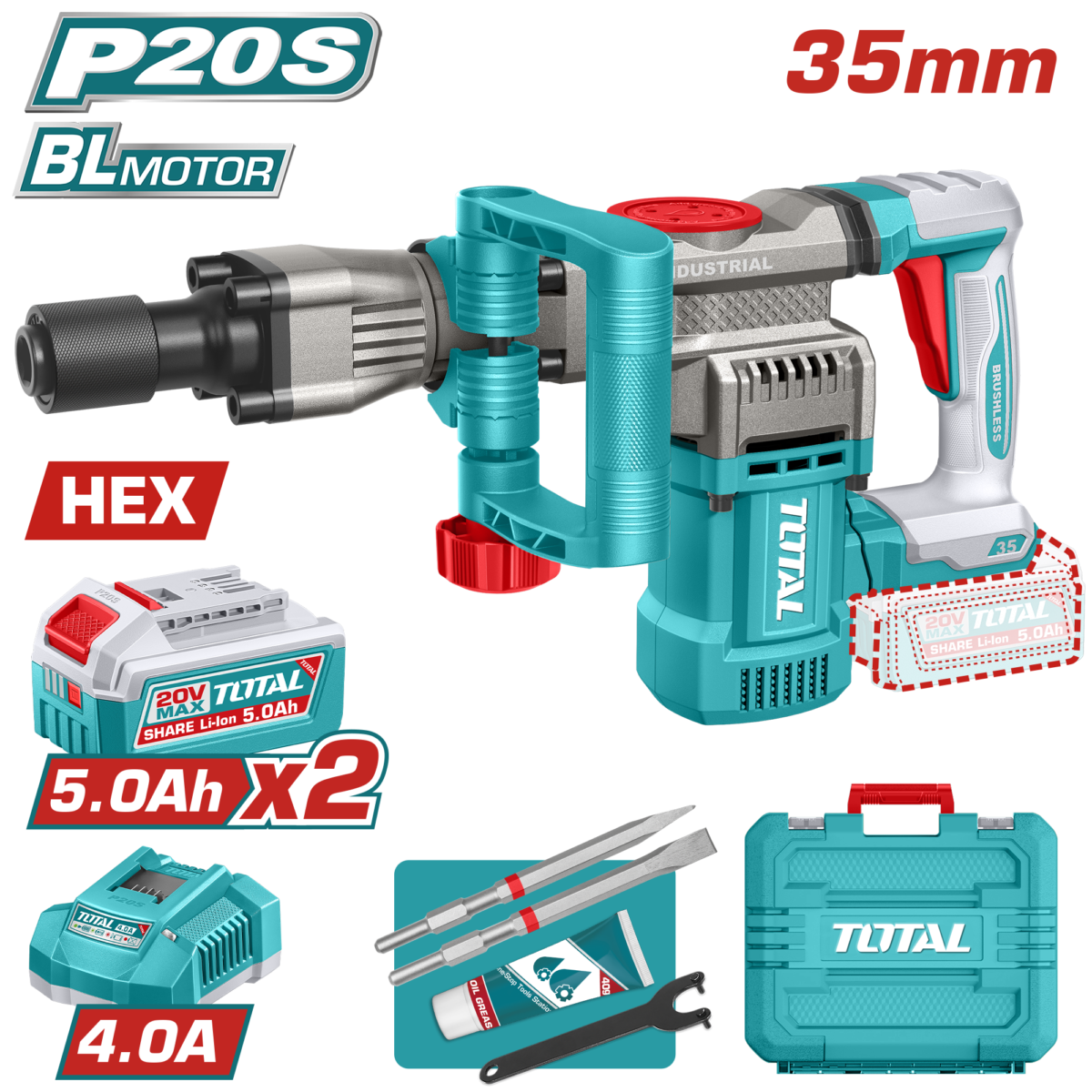 TOTAL Cordless Demolition Breaker 20V – Brushless SDS HEX Breaker with 2×5.0Ah Batteries (TDBLI203582)