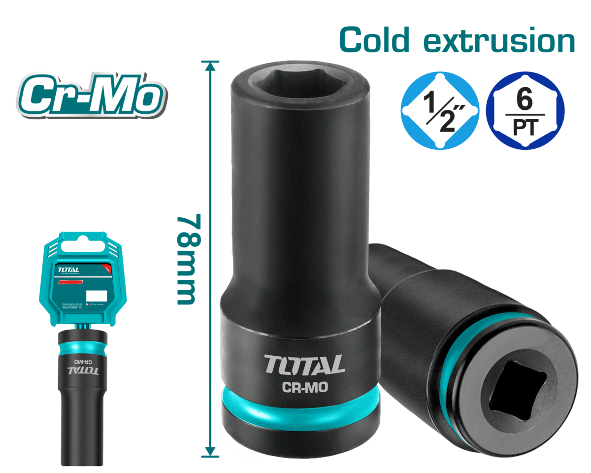 TOTAL 1/2″ Drive Deep Impact Socket – CrMo Heavy Duty Impact Socket (THDIS12132L / THDIS12172L / THDIS12192L / THDIS12242L)