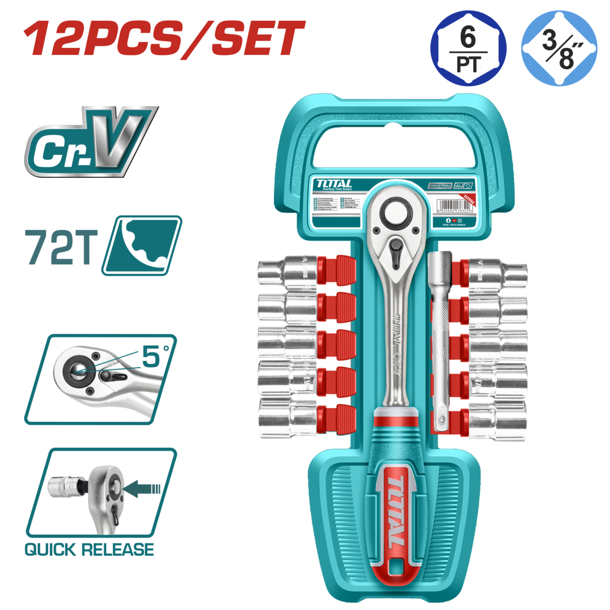 TOTAL 12 Pcs 3/8″ Socket Set – 72T Ratchet with Extension Bar (THT381121)