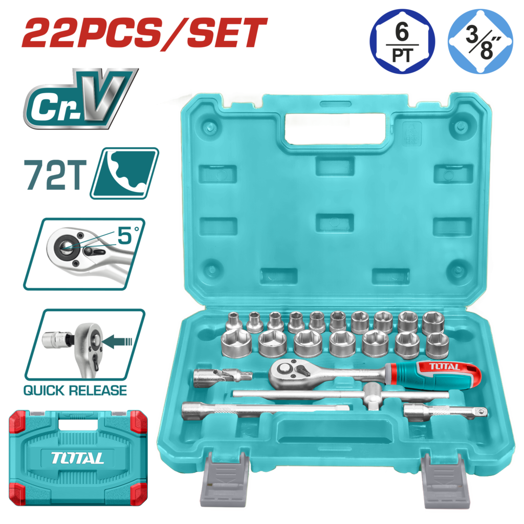 طقم بوكس 3/8 إنش عدد 22 قطعة – طقم احترافي مع طرطيقة وملحقات من توتال (THT381221)