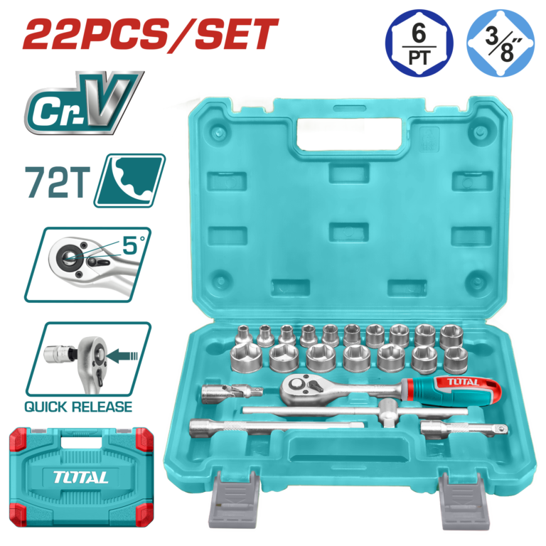 طقم بوكس 3/8 إنش عدد 22 قطعة – طقم احترافي مع طرطيقة وملحقات من توتال (THT381221)