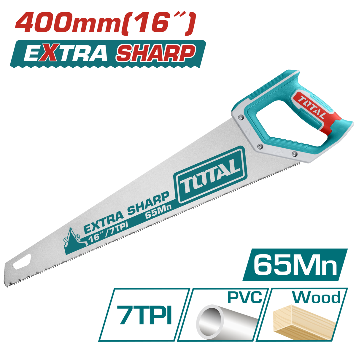 TOTAL Hand Saw 400mm | 16″ – 7TPI Extra Sharp Wood Cutting Saw (THT55400)