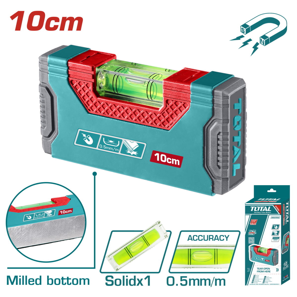TOTAL Hand Level 10cm – Magnetic Mini Spirit Level with Acrylic Vial (TMT205101)
