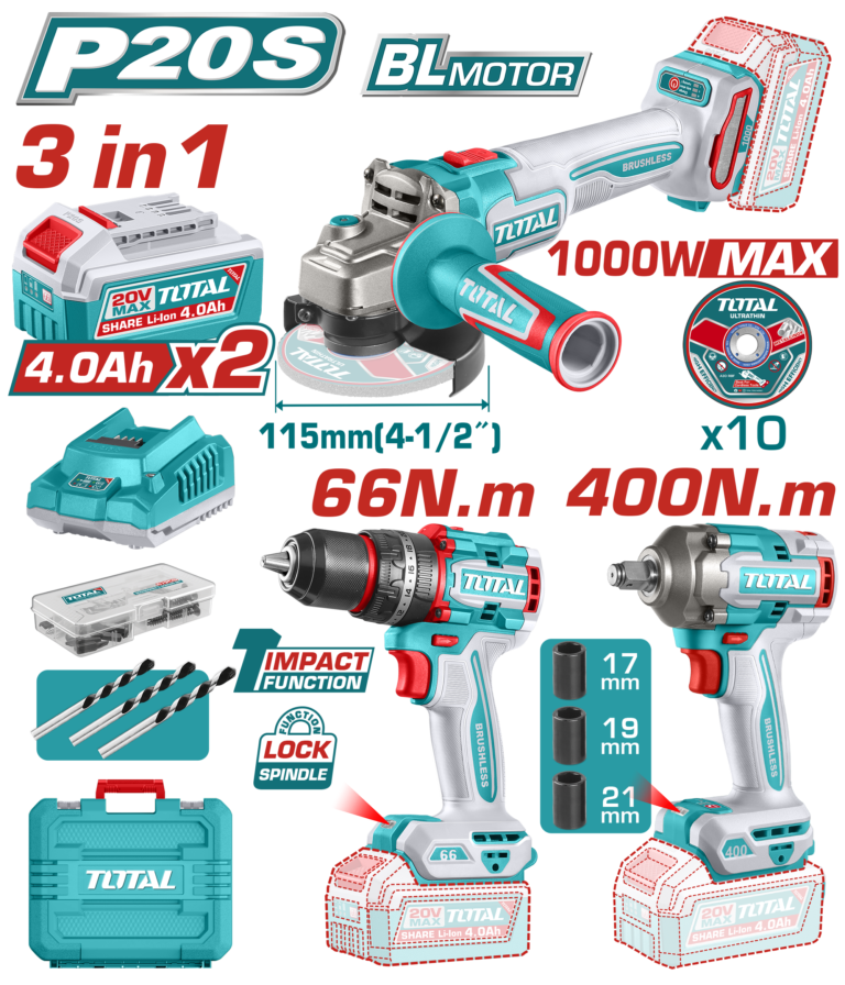 طقم عدة شحن 20 فولت – 3 قطع بدون فحمات - صاروخ، درل، درل بوكس من توتال (TOSLI241291)