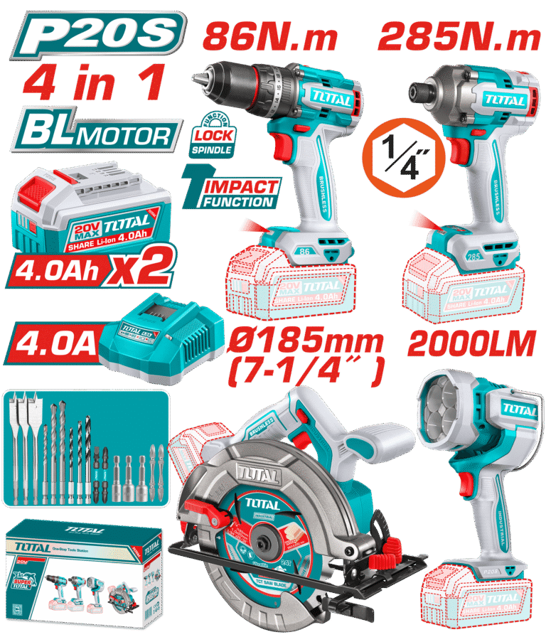 طقم عدة شحن 20 فولت – 4 قطع بدون فحمات - درل، درل براغي، منشار دائري، كشاف من توتال (TOSLI251082)