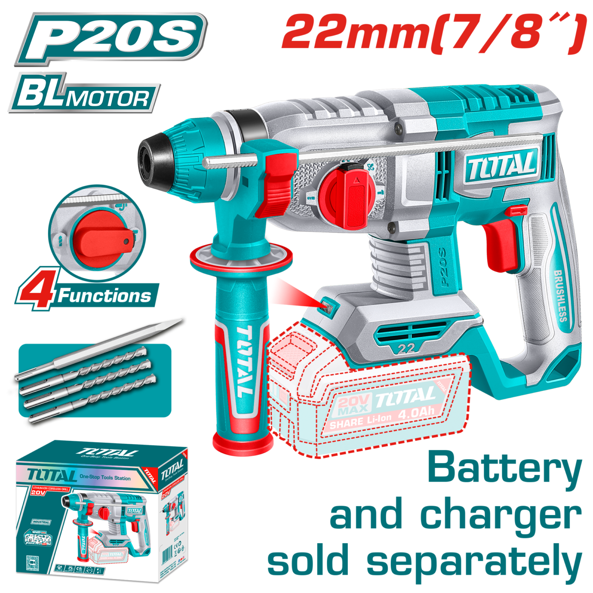 TOTAL Cordless Rotary Hammer 20V – Brushless SDS Plus 2.0J / 22mm – Battery & Charger Sold Separately (TRHLI21228)