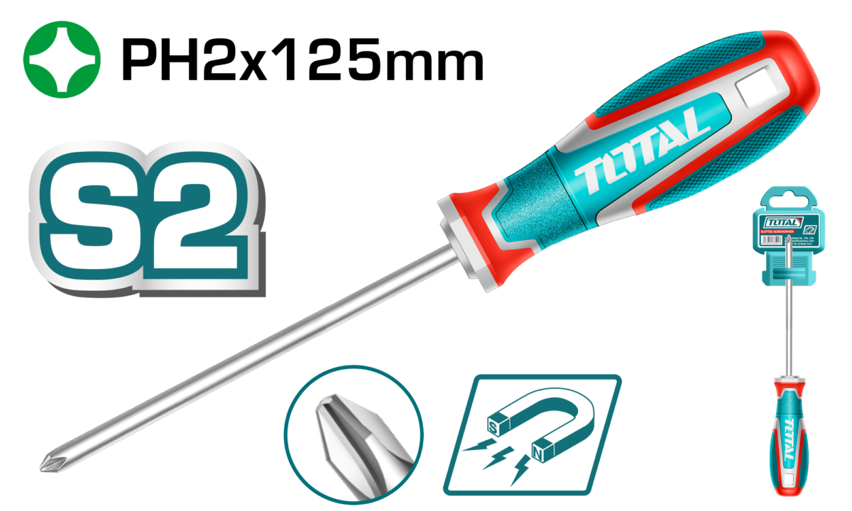 TOTAL Phillips Screwdriver PH2x125mm – S2 Steel Magnetic Tip with Ergonomic Handle (TSDPH2125)
