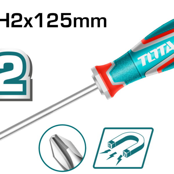 TOTAL Phillips Screwdriver PH2x125mm – S2 Steel Magnetic Tip with Ergonomic Handle (TSDPH2125)