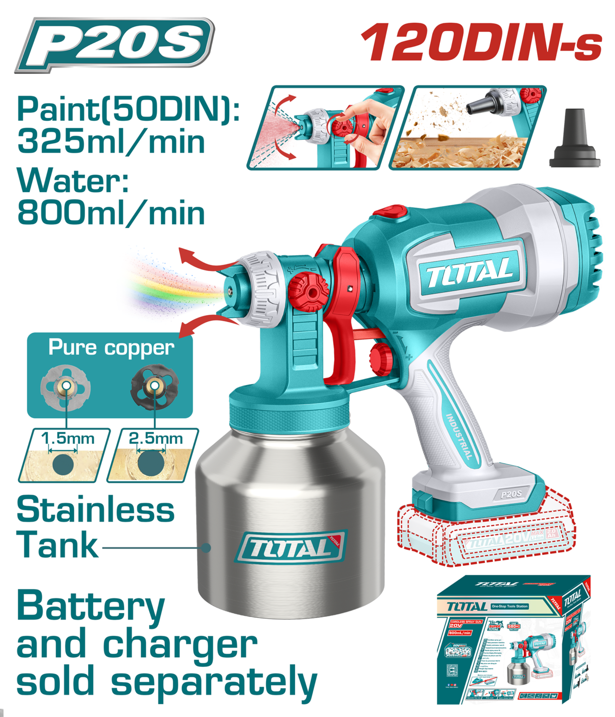 TOTAL Cordless Spray Gun 20V – Adjustable Paint Sprayer with Stainless Steel Cup – Battery & Charger Sold Separately (TSGLI20041)