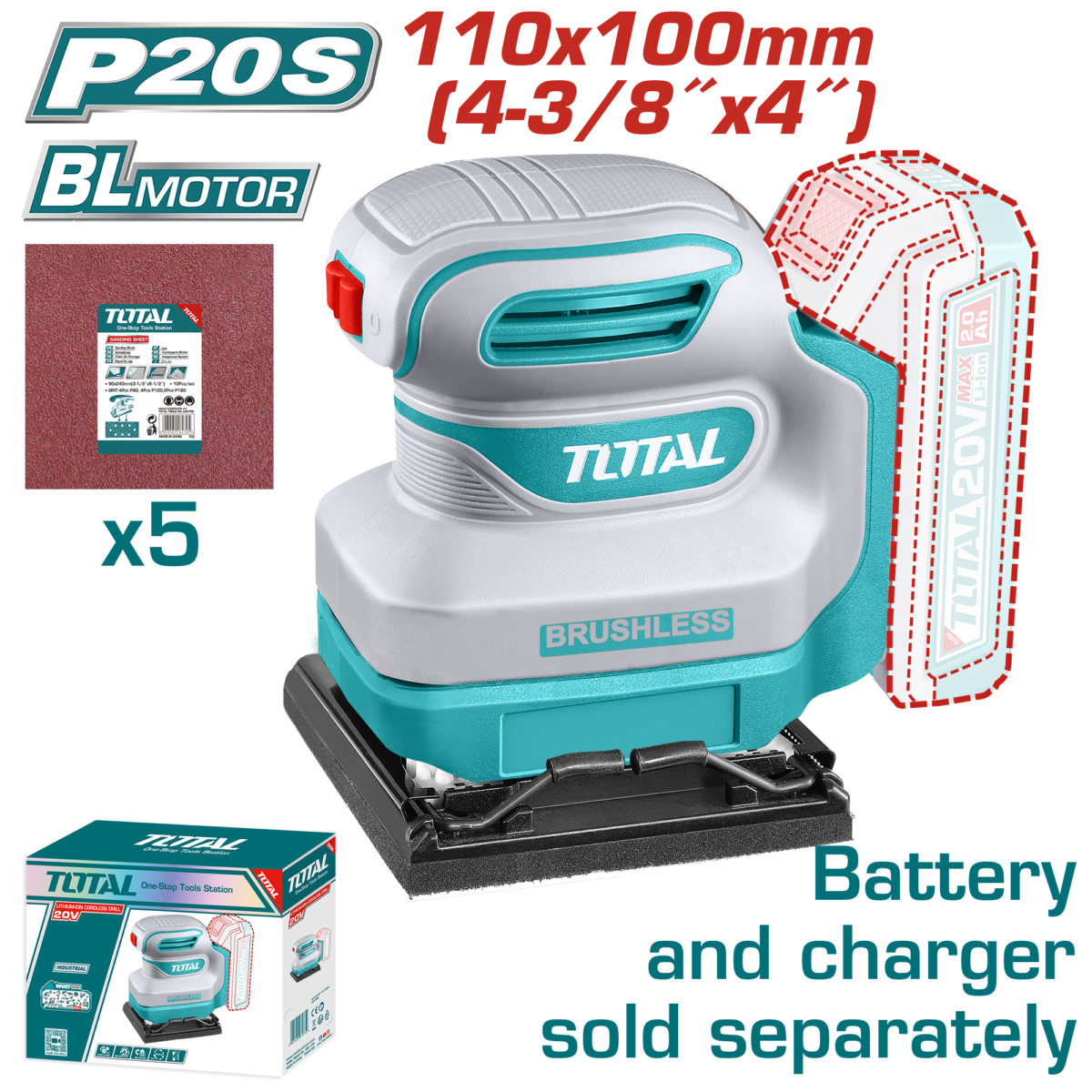 TOTAL Cordless Sheet Sander 20V | 110mmx100mm – Brushless Finishing Sander – Battery & Charger Sold Separately (TSHSLI2024)