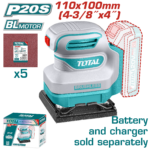 TOTAL Cordless Sheet Sander 20V | 110mmx100mm – Brushless Finishing Sander - Battery & Charger Sold Separately (TSHSLI2024)