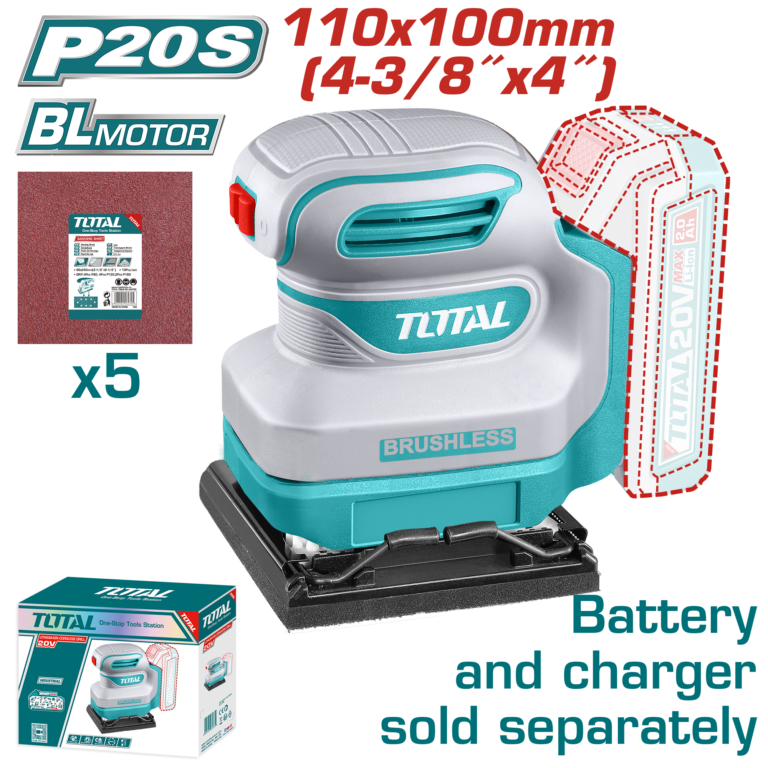 TOTAL Cordless Sheet Sander 20V | 110mmx100mm – Brushless Finishing Sander - Battery & Charger Sold Separately (TSHSLI2024)