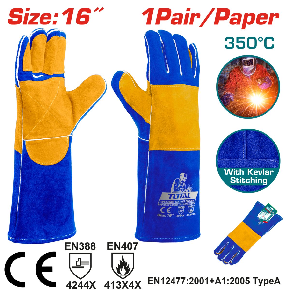 TOTAL Welding Leather Gloves 16″ – Heat Resistant Kevlar Stitched Safety Gloves (TSP15216)