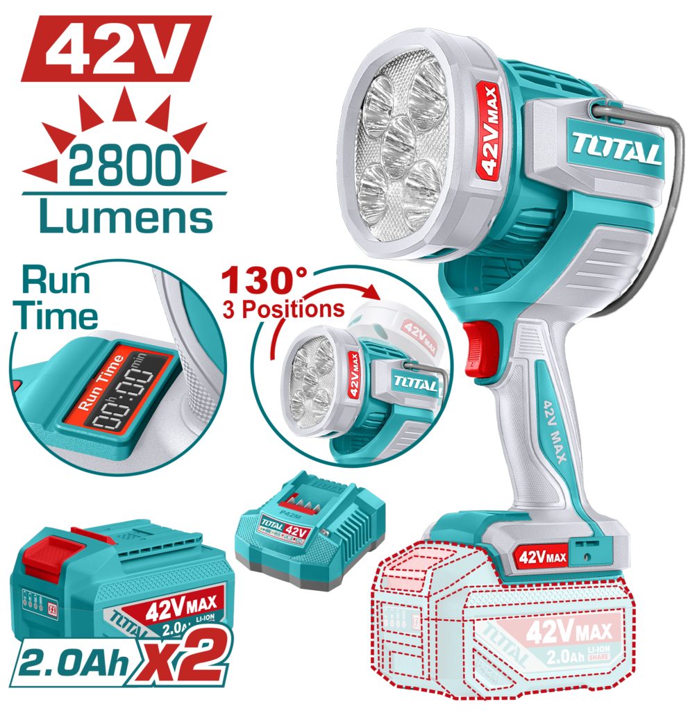 كشاف عمل شحن 42 فولت – 2800 لومن إضاءة LED بقوة 50 واط مع شاشة وقت التشغيل من توتال (TWLI42896)