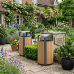 ⁦سلة نفايات خارجية بشرائح خشب WPC مع هيكل ستانلس ستيل⁩ - الصورة ⁦4⁩