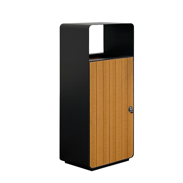 Outdoor WPC Wood Trash Bin with Lockable Door – 46L Metal Waste Bin