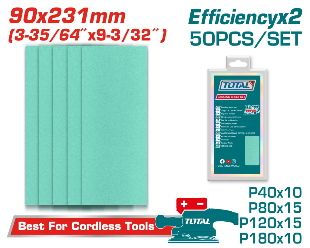 TOTAL Sanding Sheet Set 90×231mm – 50 Pcs Multi-Grit Sandpaper for Wood, Metal & Walls (TAC0902311)