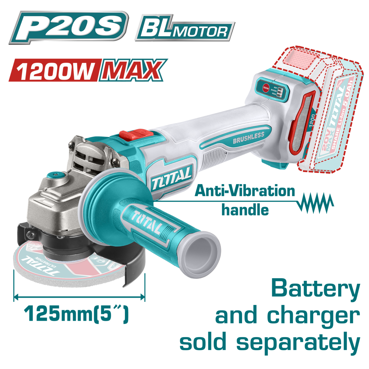 TOTAL Cordless Brushless Angle Grinder 20V – 125mm | 5″ Heavy Duty Grinder – Battery & Charger Sold Separately (TAGLI212027)