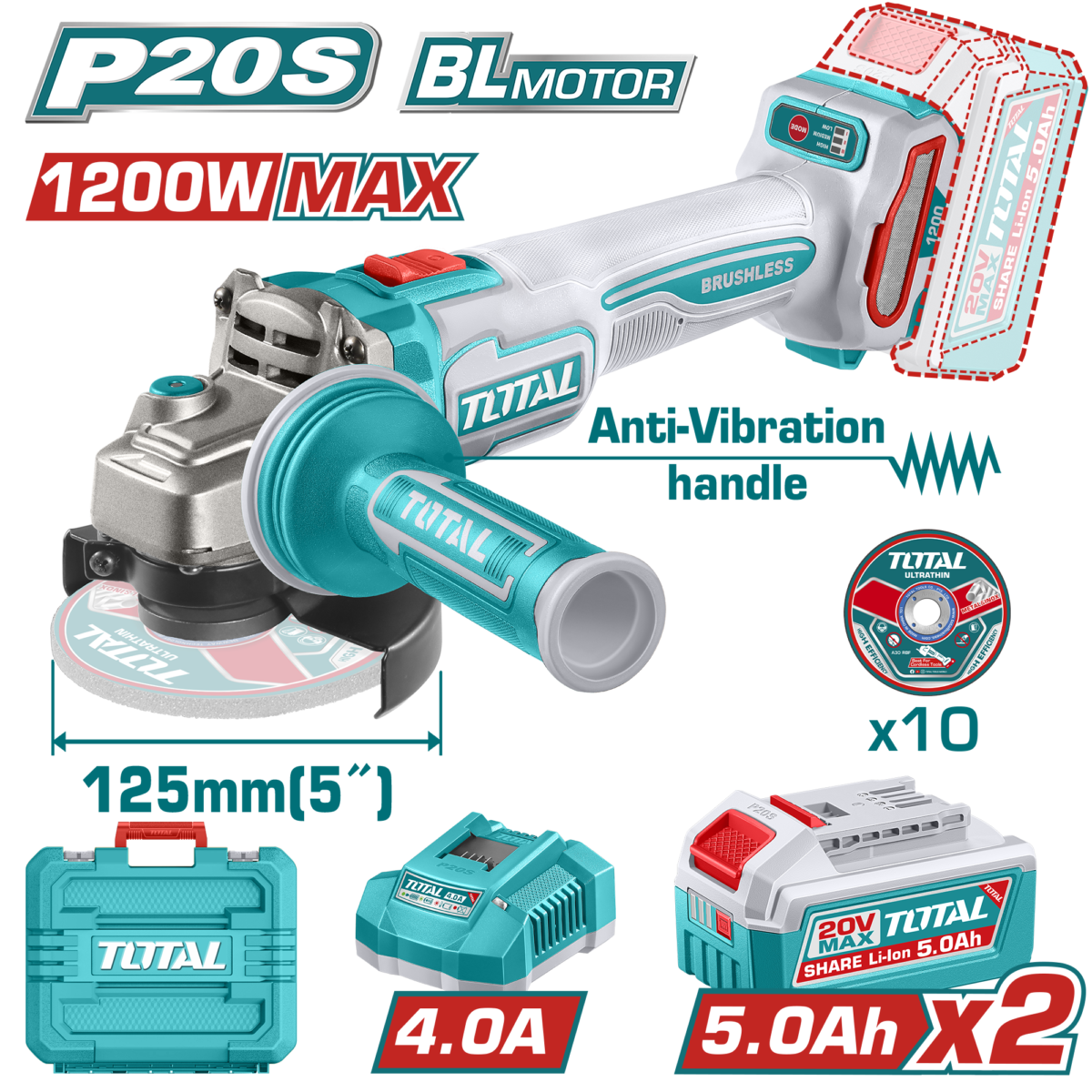TOTAL Cordless Brushless Angle Grinder 20V – 125mm | 5″, 1200W with 2 Batteries (TAGLI2120272)