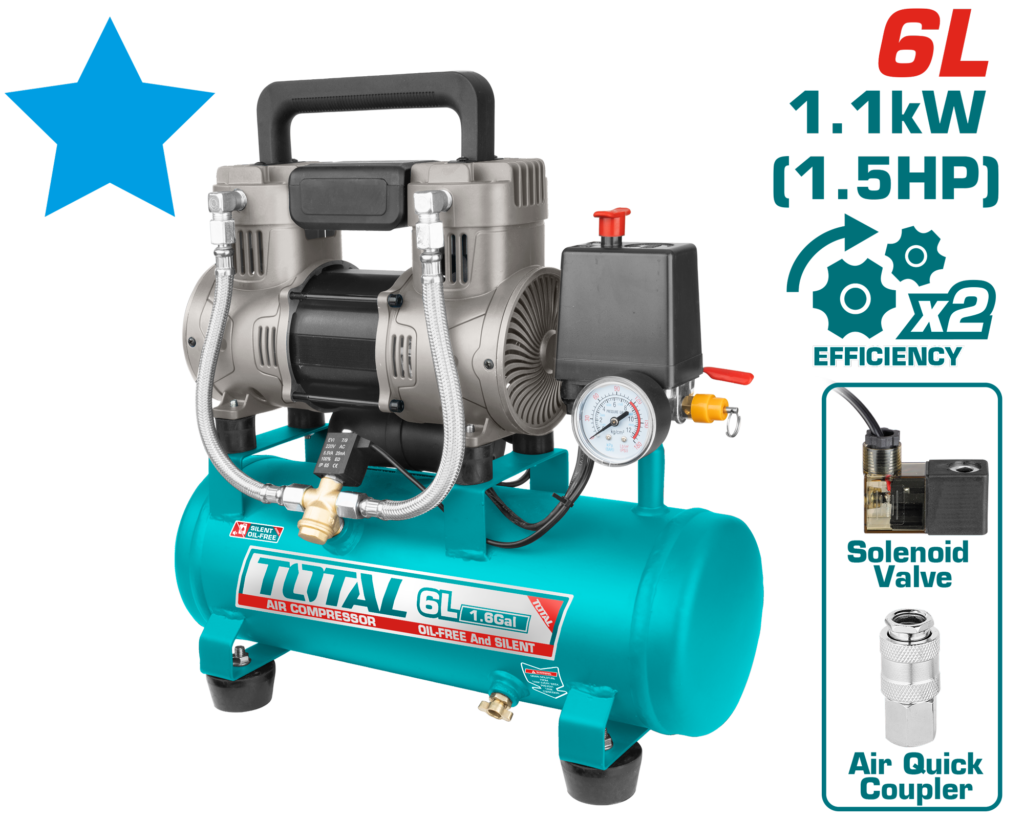 TOTAL Air Compressor 1.5HP 6L – Oil-Free Portable Compressor 8 Bar (TCS1110062)