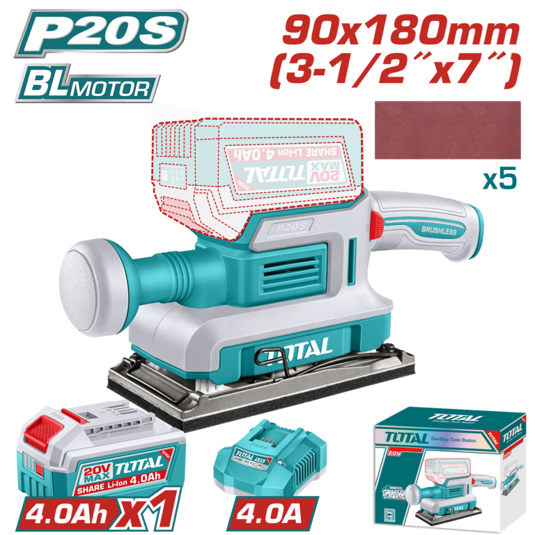 حفافة شحن بدون فحمات 20 فولت – قاعدة 90×180 ملم مع بطارية 4 أمبير و شاحن من توتال (TFSLI20313)