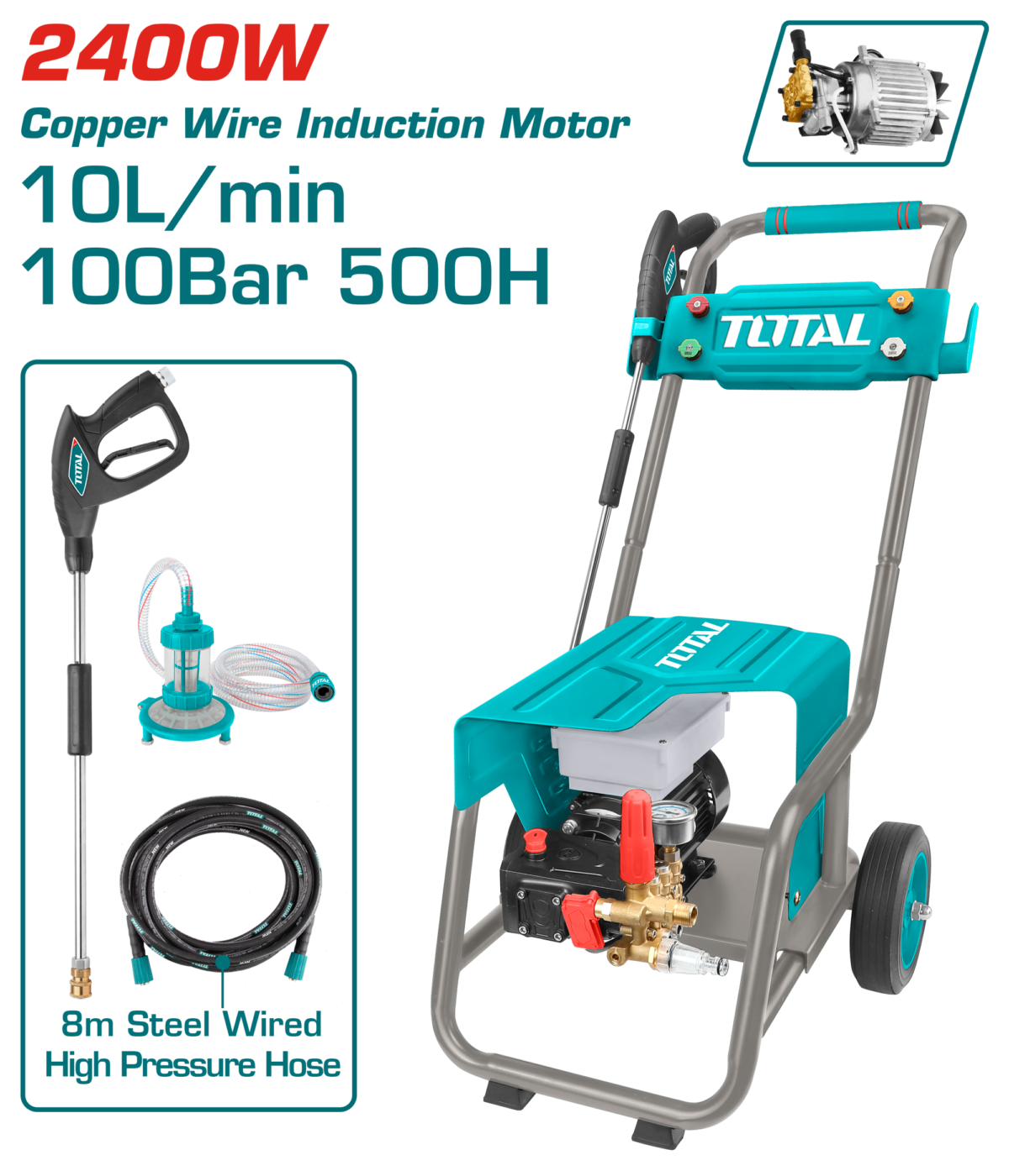 TOTAL High Pressure Washer for Commercial Use 2400W – 100 Bar Heavy Duty Cleaner (TGT11176)