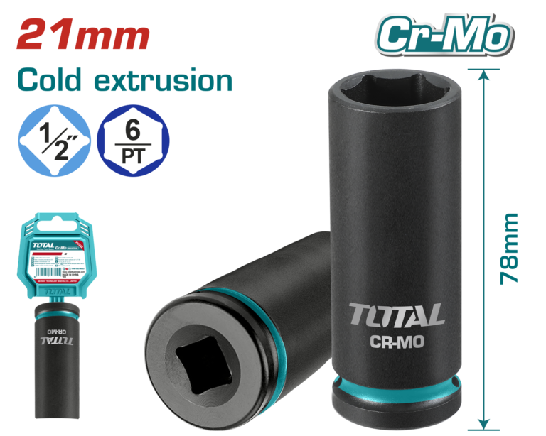 TOTAL 1/2" Drive Deep Impact Socket 21mm – Cr-Mo Heavy Duty Socket (THDIS12212L)