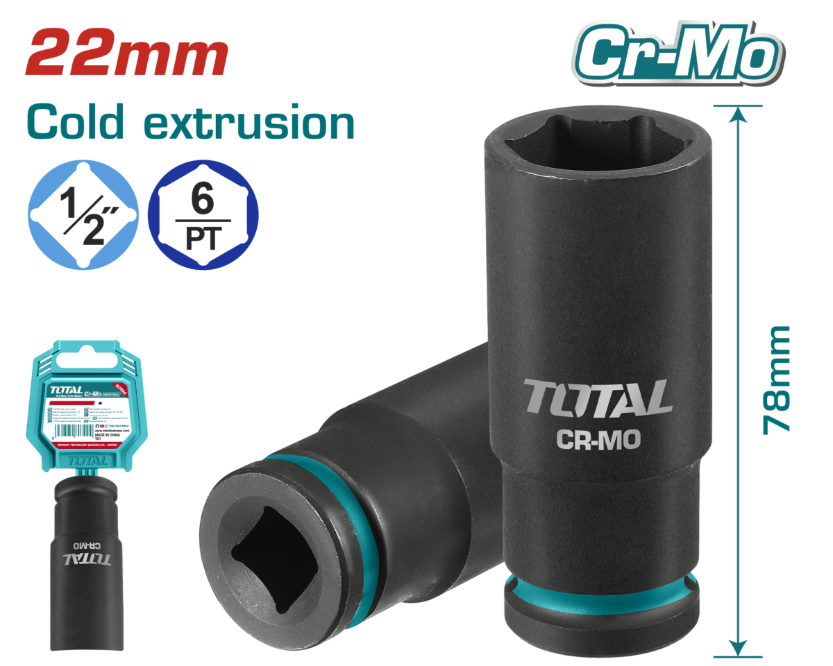TOTAL 1/2″ Drive Deep Impact Socket 22mm – CrMo Heavy Duty Socket (THDIS12222L)