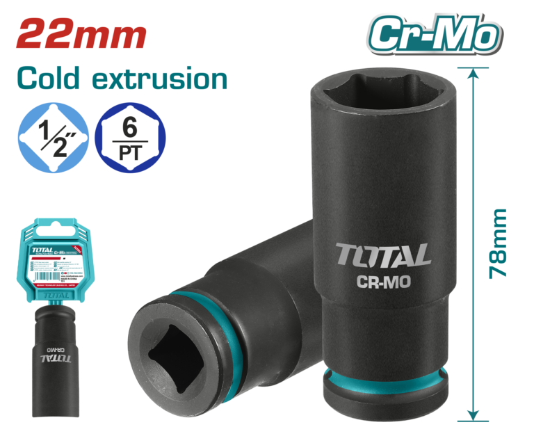TOTAL 1/2" Drive Deep Impact Socket 22mm – CrMo Heavy Duty Socket (THDIS12222L)