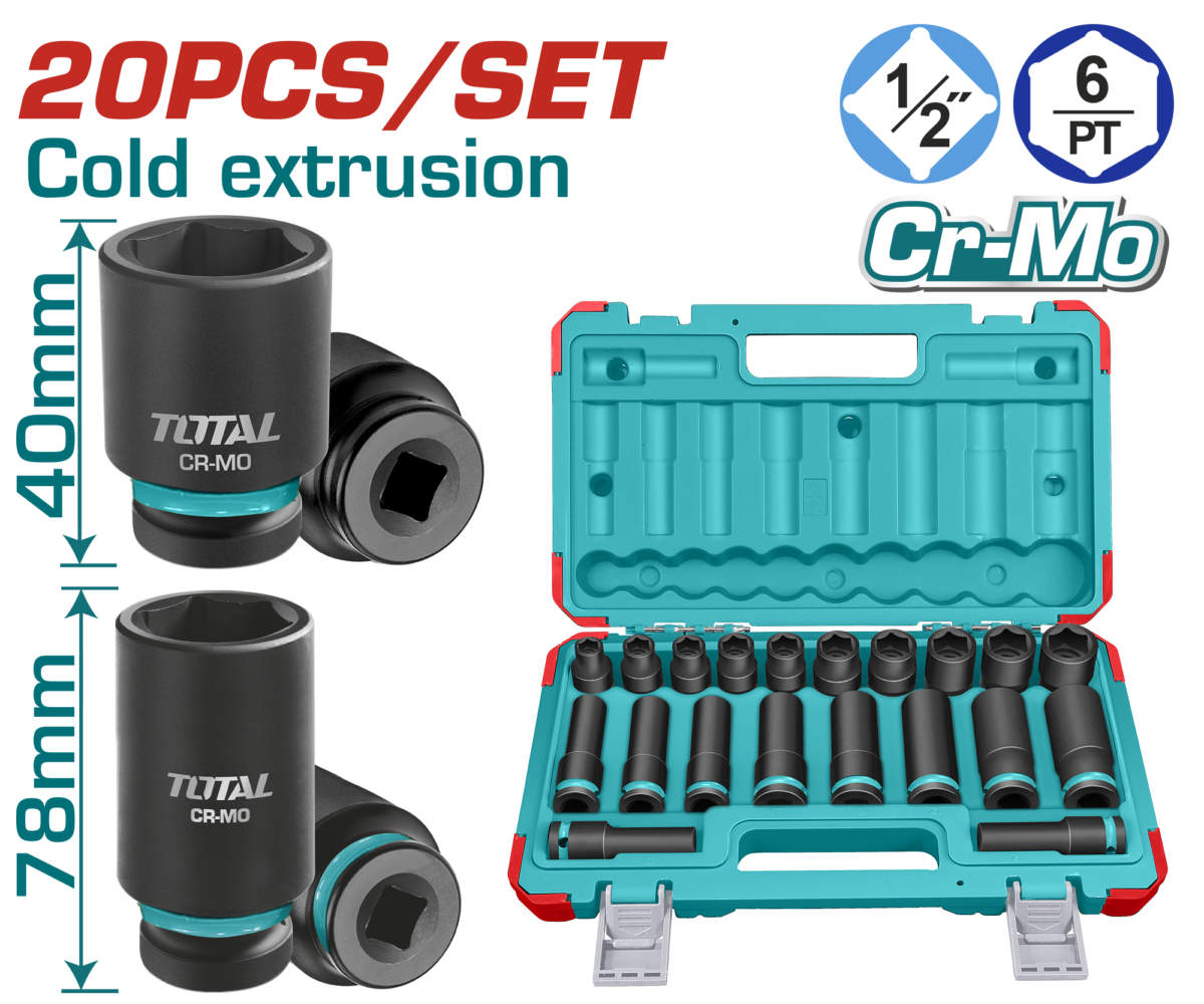 TOTAL 20 Pcs 1/2″ Drive Impact Socket Set – Cr-Mo Impact Sockets with Carrying Case (THKISD12203L)