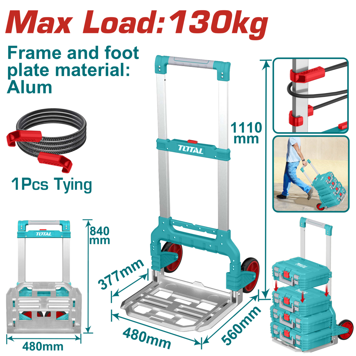 TOTAL Foldable Hand Truck 130kg – Aluminium Portable Folding Trolley (THWB61201)