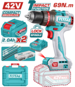 درل شحن بدون فحمات 42 فولت – عزم 69 نيوتن متر مع بطاريتين وملحقات من توتال (TIDLI426982)