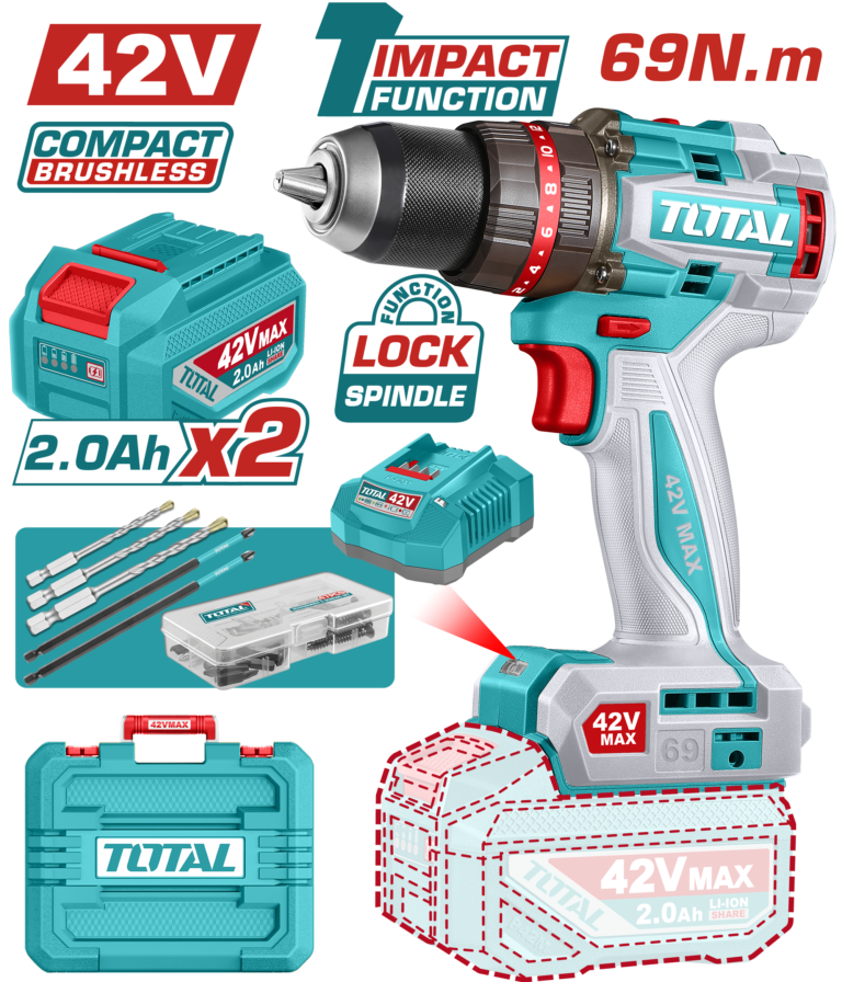 درل شحن بدون فحمات 42 فولت – عزم 69 نيوتن متر مع بطاريتين وملحقات من توتال (TIDLI426982)