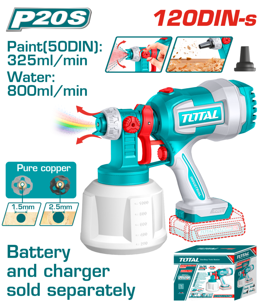 TOTAL 20V Cordless Spray Gun – 1000ml Paint Sprayer with Adjustable Spray - Battery & Charger Sold Separately (TSGLI2004)