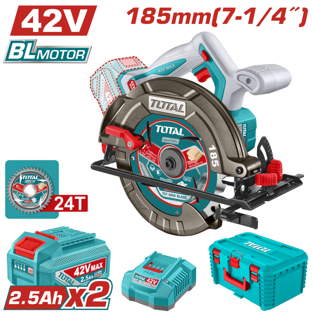 TOTAL Cordless Brushless Circular Saw 42V – 185mm | 7.25" with 2 Batteries (TSLI4218512)