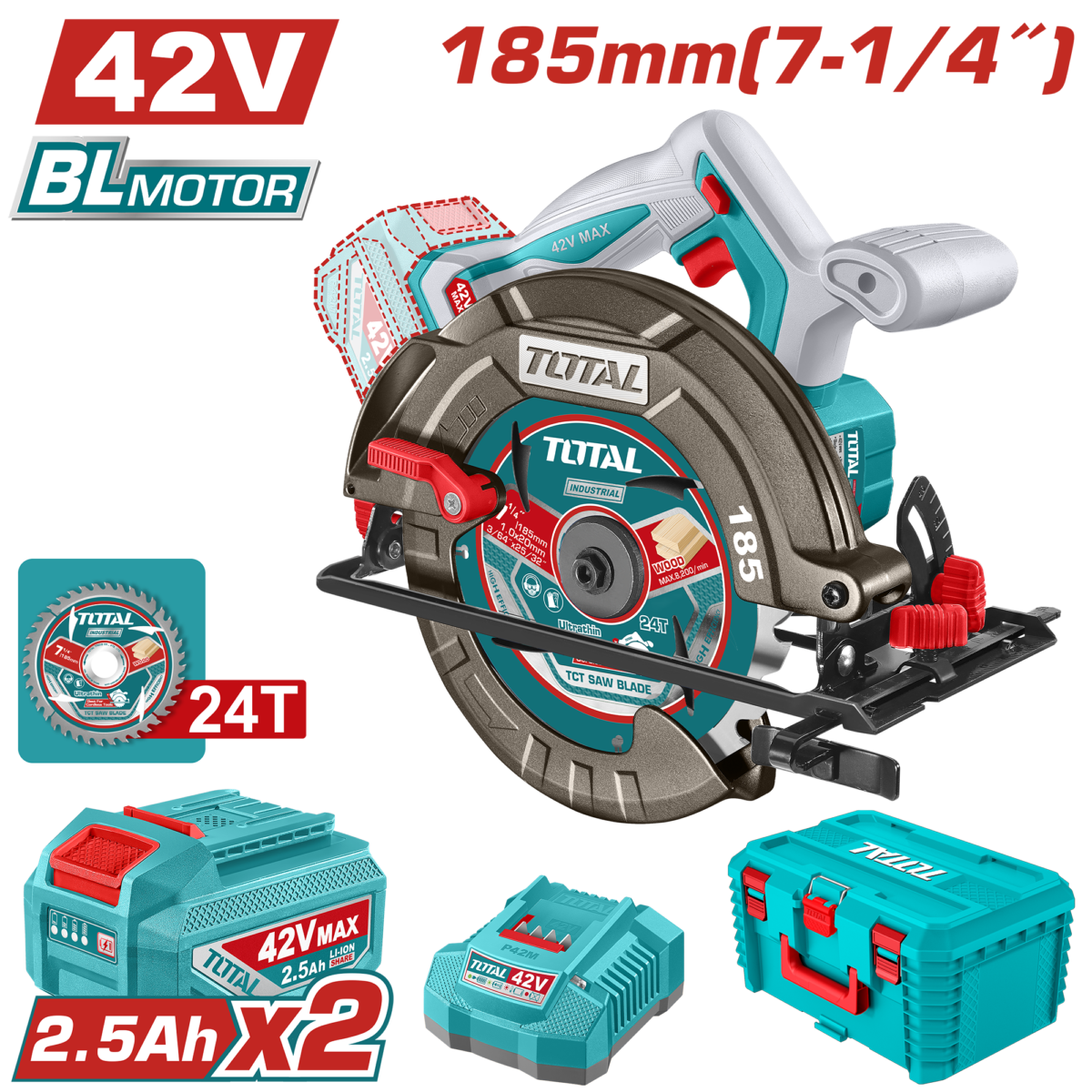 TOTAL Cordless Brushless Circular Saw 42V – 185mm | 7.25″ with 2 Batteries (TSLI4218512)