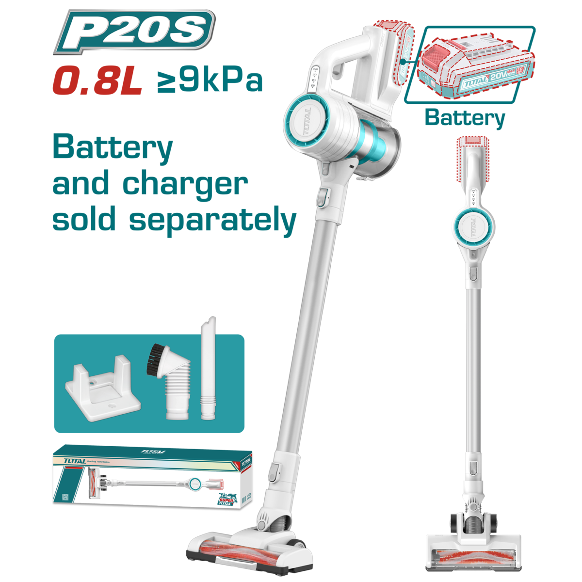 TOTAL Cordless Vacuum Cleaner 20V – 120W Cyclone Vacuum with HEPA Filter – Battery & Charger Sold Separately (TVLI20061)