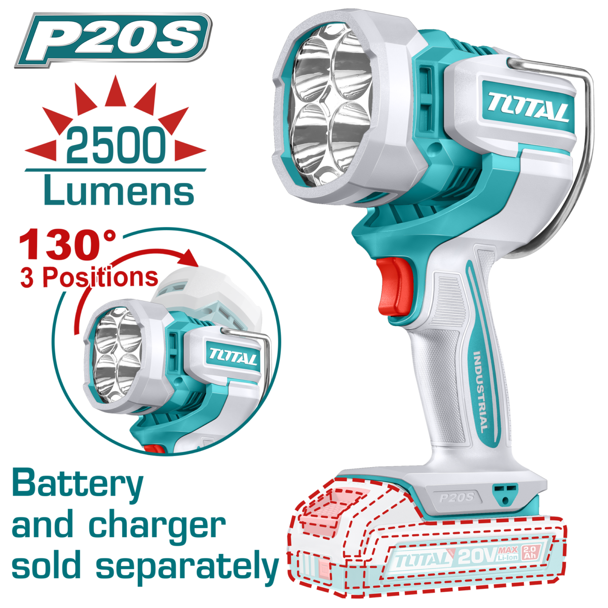 TOTAL Cordless Work Lamp 20V – 22.5W LED Adjustable Work Light – Battery & Charger Sold Separately (TWLI20885)