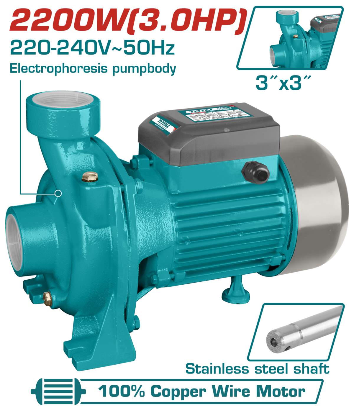 TOTAL Centrifugal Water Pump 2200W | 3HP – 3″ High Flow Water Pump 800L/min (TWP222002)