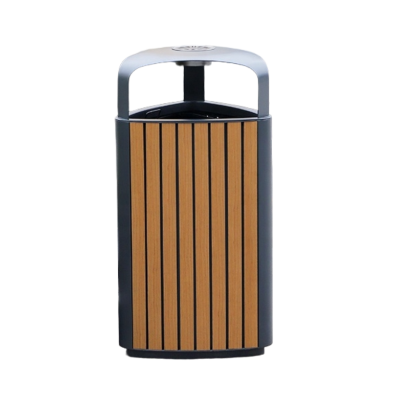 Outdoor WPC Wood Slat Trash Bin with Stainless Steel Frame – Lockable Waste Bin