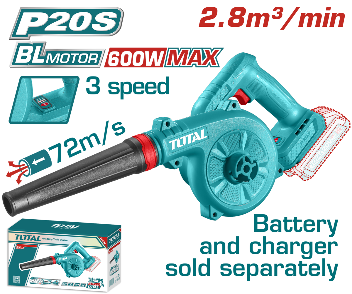 TOTAL 20V Cordless Blower Brushless – 72m/s Air Speed with 3 Speed Control – Battery & charger sold separately (TABLI2068)