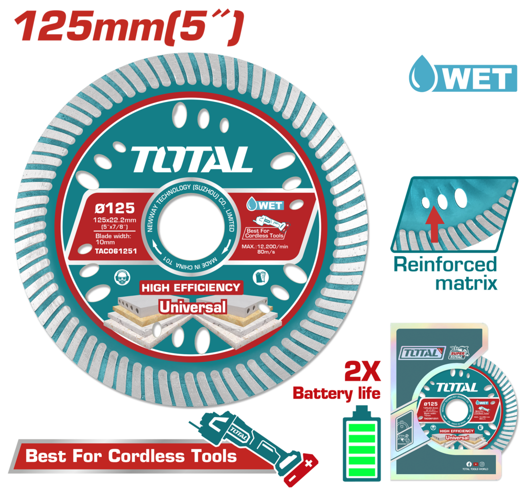 أسطوانة قص ألماس رفيع 125 ملم | 5 إنش – سماكة 1.6 ملم للرخام والباطون من توتال (TAC061251)